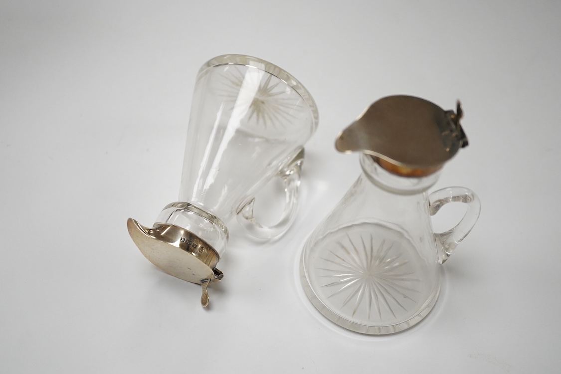 A pair of Edwardian silver mounted glass whisky noggins, by J & J Maxfield Ltd, Birmingham, 1906, height 10.6cm.